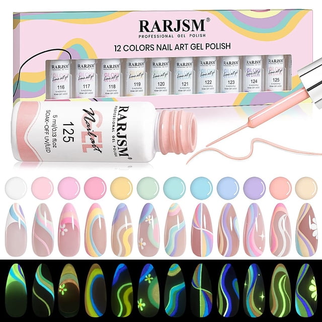 Delineador en gel para decoración de uñas Glow in The Dark RARJSM, 12 colores, 5 ml