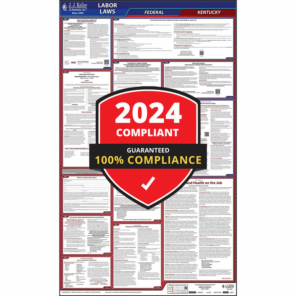 2024 Kentucky Labor Law Poster, All-in-One OSHA Compliant KY State & Federal Laminated Poster (24" x 40" English)
