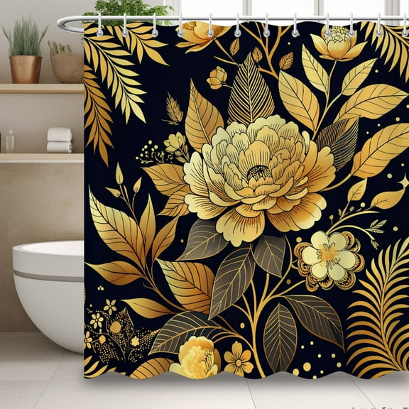 Modern Minimalist Style Shower Curtain, Black and Gold Floral Waterproof Shower Curtain, Simple Bathroom Decor with 12 Hooks