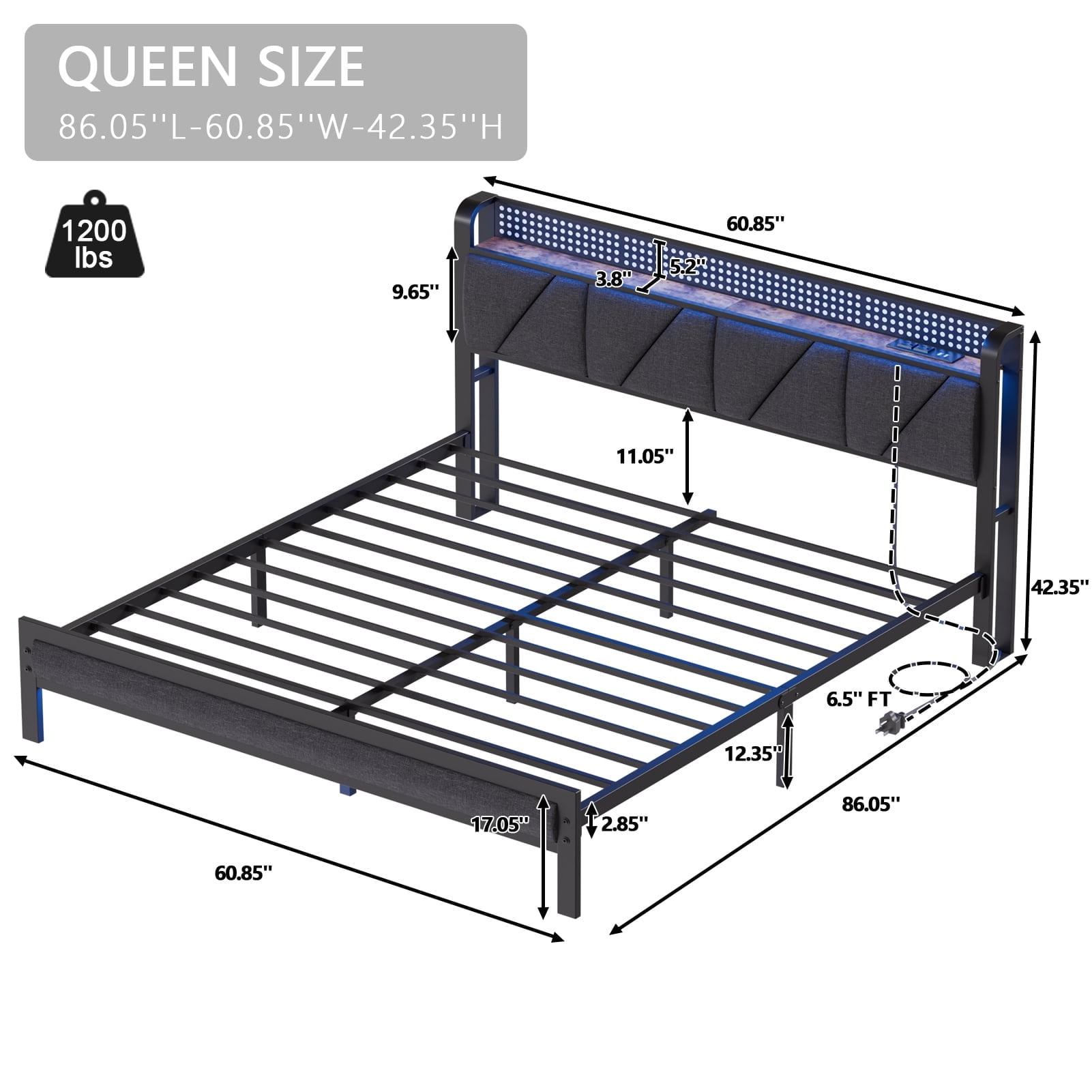 Tydimor Queen Size Metal Smart Bed Frames with Upholstered Headboard, LED Lights, USB Ports and Outlets & Underbed, Rustic Brown