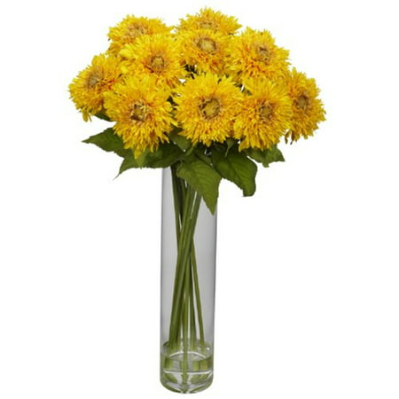 Nearly Natural Sunflower Silk Flower Arrangement with Cylinder Vase  Yellow Nearly Natural Sunflower w/Cylinder Silk Flower Arrangement