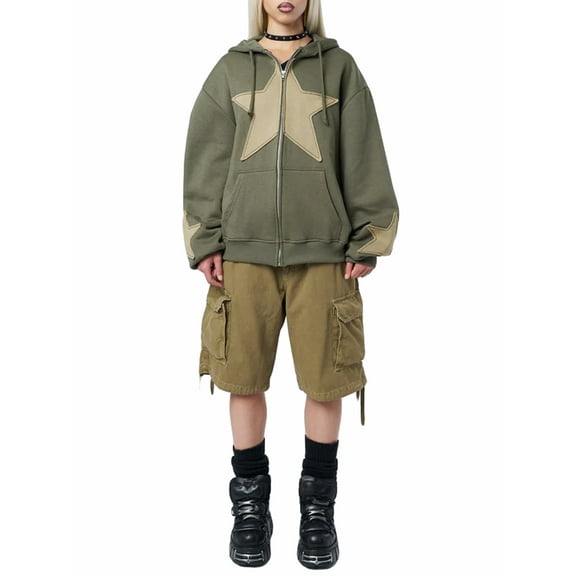 LMLYSoH Women's Autumn Casual Hooded Coat Long Sleeve Star Print Zip Up Drawstring Hoodie