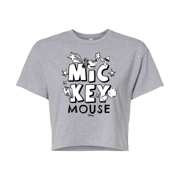 Disney - Mickey Mouse - Black & White Doodle - Juniors Cropped Cotton Blend T-Shirt