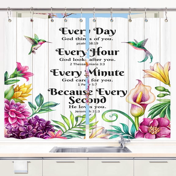Believe in God Kitchen Window Curtains, Inspirational Bible Verse Quotes Scriptures on Country Wooden Window Drape Curtains 2 Panels, Floral Flower Kitchen Window Drapes with Hooks, 55X39in