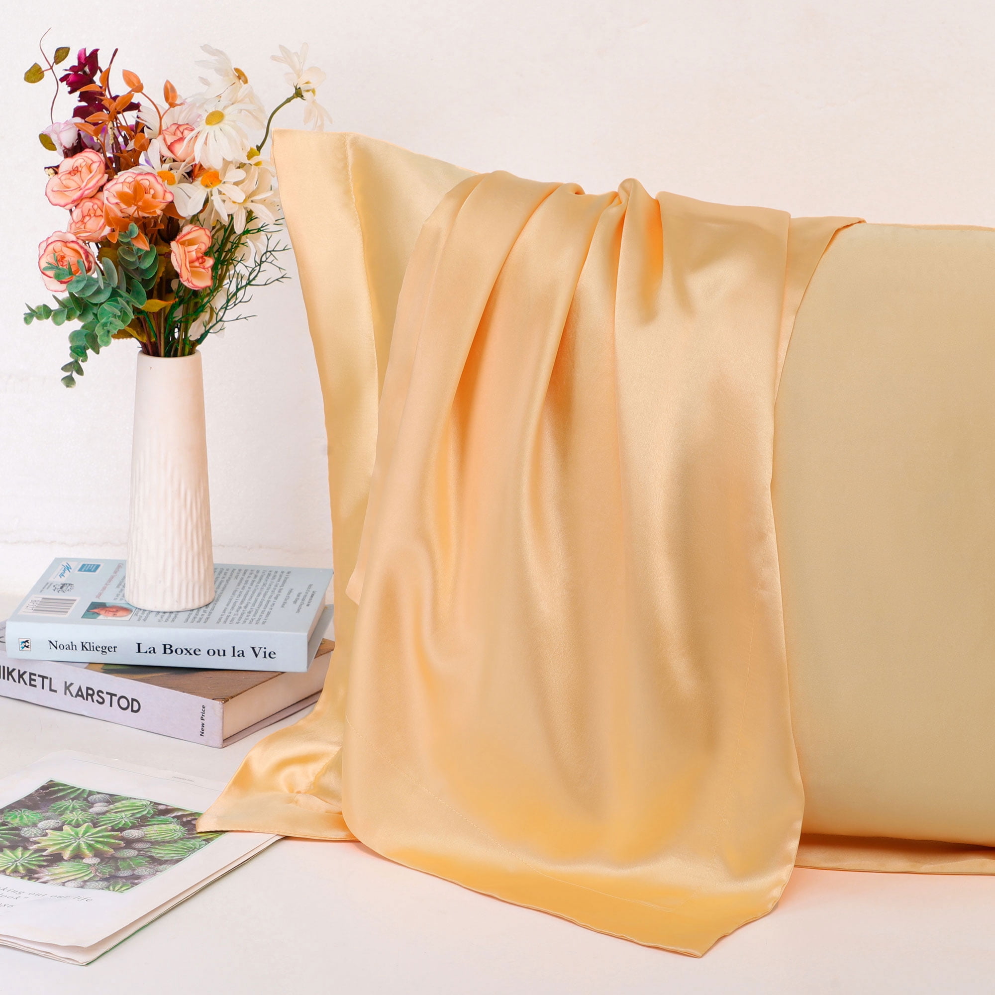 Unique Bargains Retro Satin Ruffle Pillowcases 2Pack with Envelope Gold Queen
