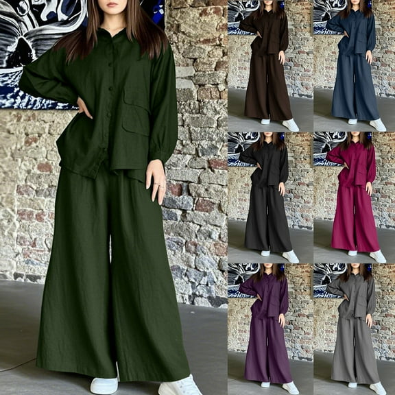BiZtdJrK Two Piece Vacation Sets for Women Long Sleeve Button Down Shirts and Wide Leg Pants Casual Set Loose Travel 2 Piece Outfits with Pockets Black S