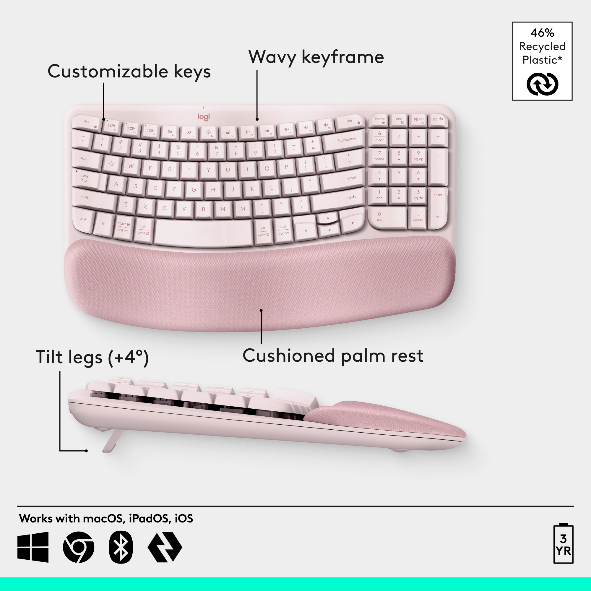 Logitech Wave Keys Wireless Ergonomic Keyboard, Rose photo 7
