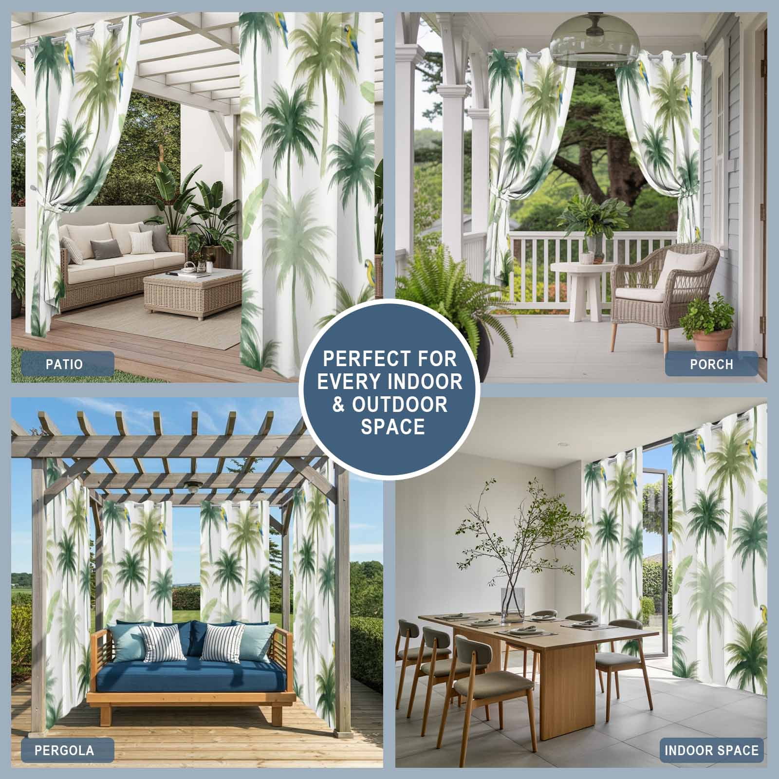 Summer Palm Tree Parrot Outdoor Curtains for Patio, Tropical Green Leaf Bird Sunshade Privacy Drapes Grommet Waterproof Outside Curtains for Porch/Cabana/Balcony 54"x 108", 2 Panel