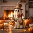 thumbnail image 6 of Vintage Halloween Ghost Decoration with Pumpkin Bucket - ic Patchwork Standing Ghost Figurine with Top Hat, Primitive Fabric Ghost for Tabletop, Mantel, Indoor Home Halloween Fall Decor A, 6 of 7