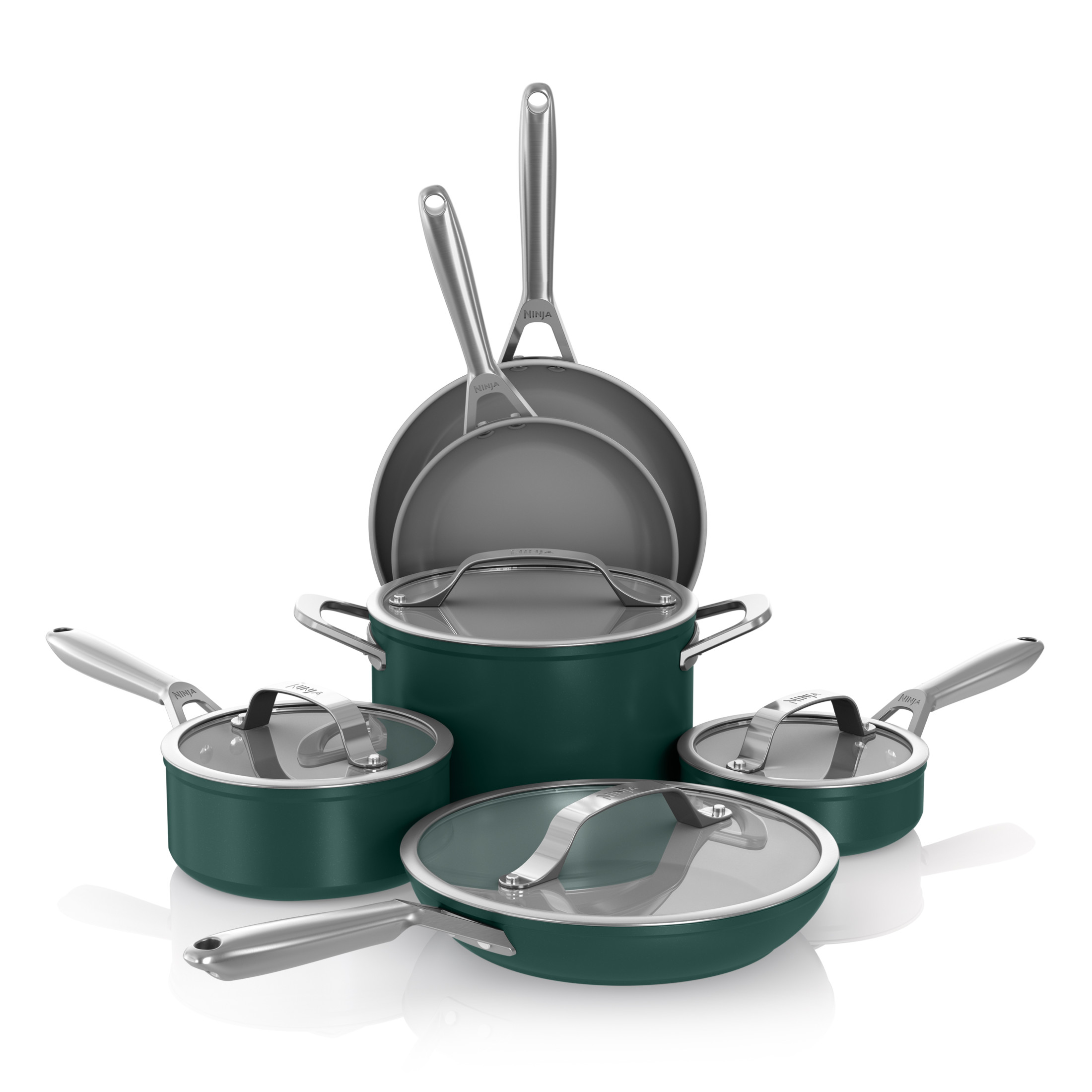 Ninja Ceramic Pro 10-Piece Cookware Set, Aluminum and Stainless Steel, Non-Stick Set, Glass Lids, Stove to 550F Oven Safe, Dishwasher Safe, Green, CW38000GN