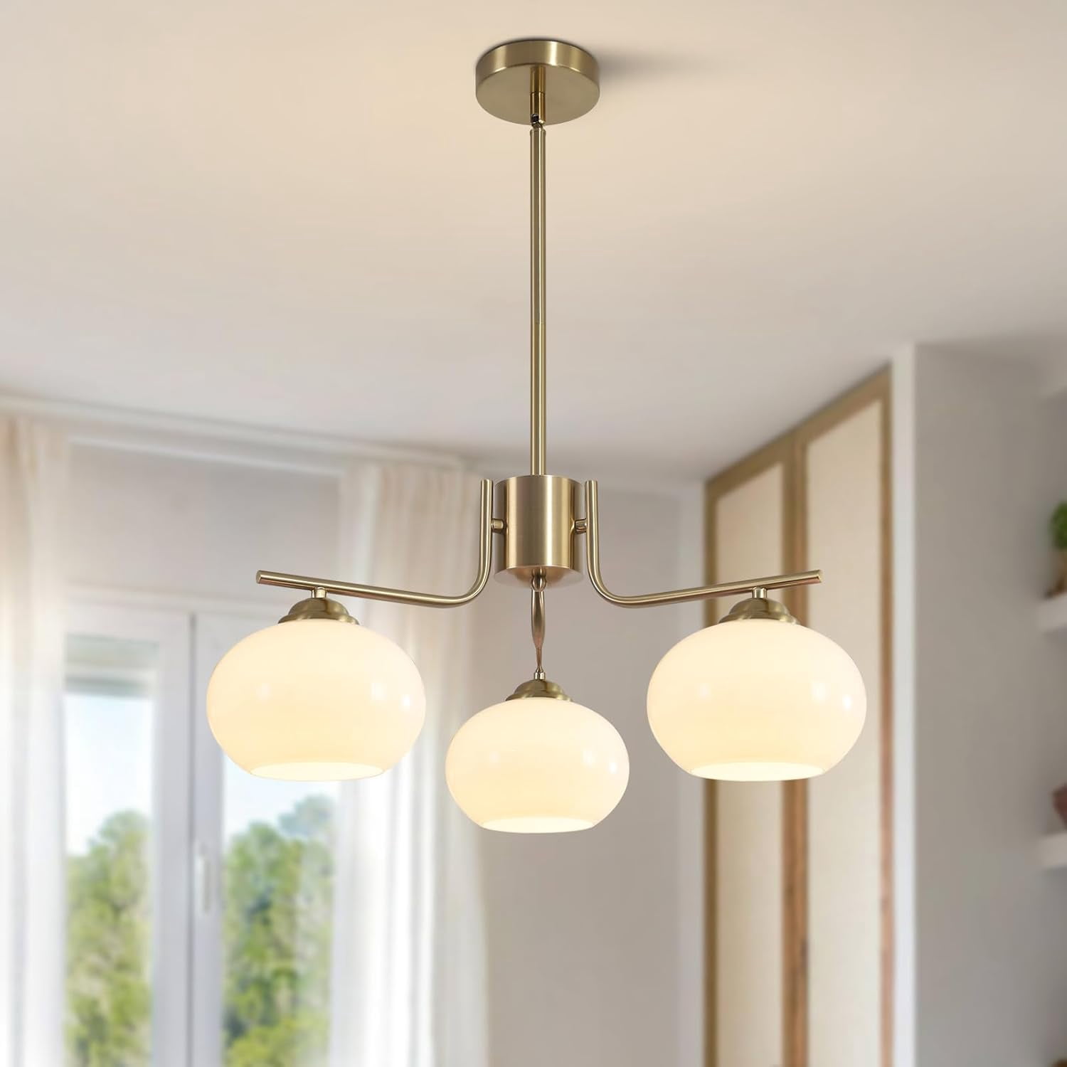 KCO Lighting Mid Century Modern Globe Pendant Light 3-Light Milk Glass Chandelier Gold Sputnik Chandelier Light Fixture Brushed Brass Pendant Lighting for Kitchen Island (3-Light)