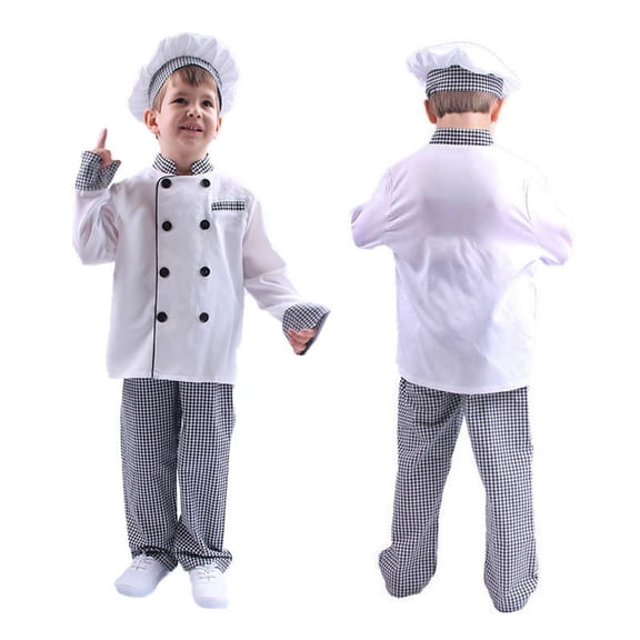 LPKRT Girls Kids Chef Themed 3-Piece Outfit Set Chef Jacket Plaid Pants And Hat Role Play And Special Clothing Sets White 3-4 Years