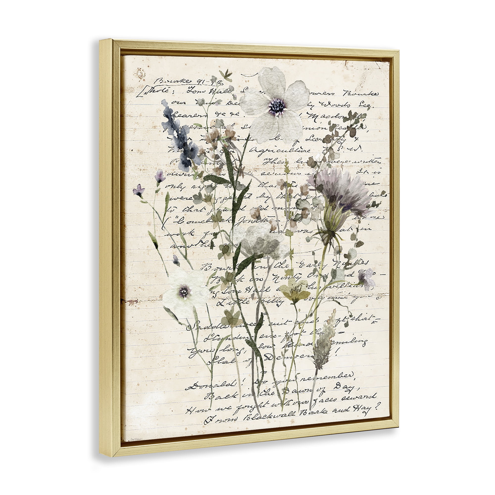Stupell Industries Pressed Flowers on Page Plants & Flowers Painting Gold Floater Framed Canvas Art Print Wall Art, 17 x 21