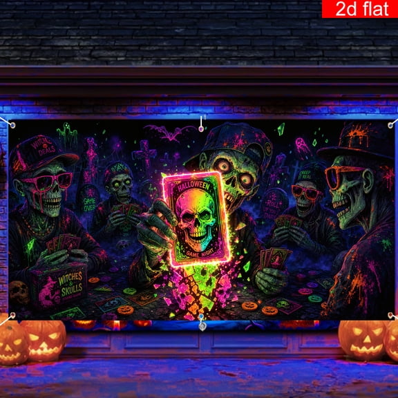 Elyvra Halloween Zombie Game Backdrop 6x9ft, Neon Skeleton Poker Graveyard Background for Scary Horror Party Decoration Banner