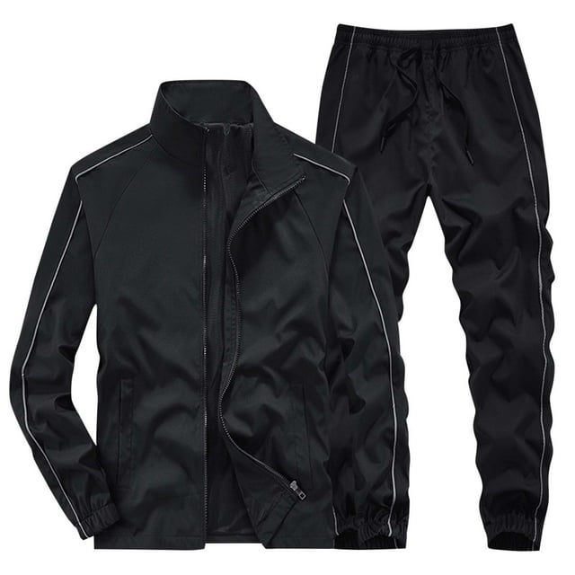 Men Solid-Color Pocket Drawstring Pants Leg Binding Pants Zipper Pockets Long Sleeves Raglan Sleeves Stand-up Collar Top Jacket Set
