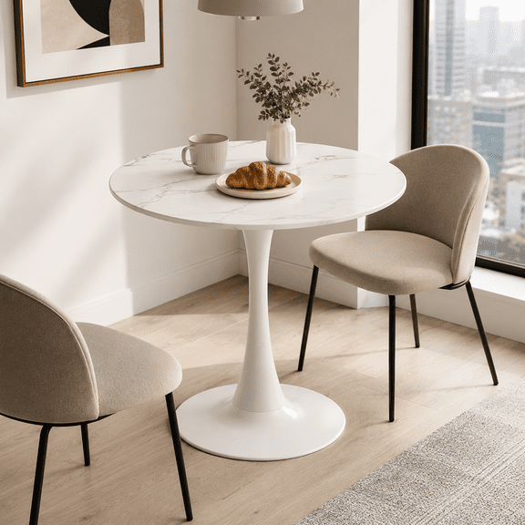 Homy Casa 24 Inch Round Marble Dining Table Tulip Style Pedestal Kitchen Table for Small Space Apartment Dining Room White