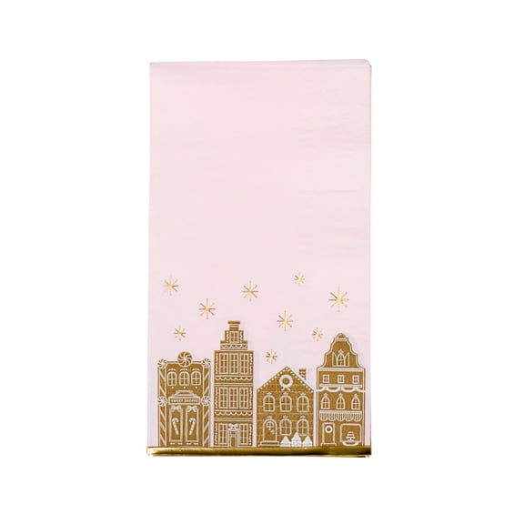 Bonjour Fête Pink Gingerbread Villate Paper Guest Towel Napkins, Disposable Party Supplies, 20 Count, Christmas
