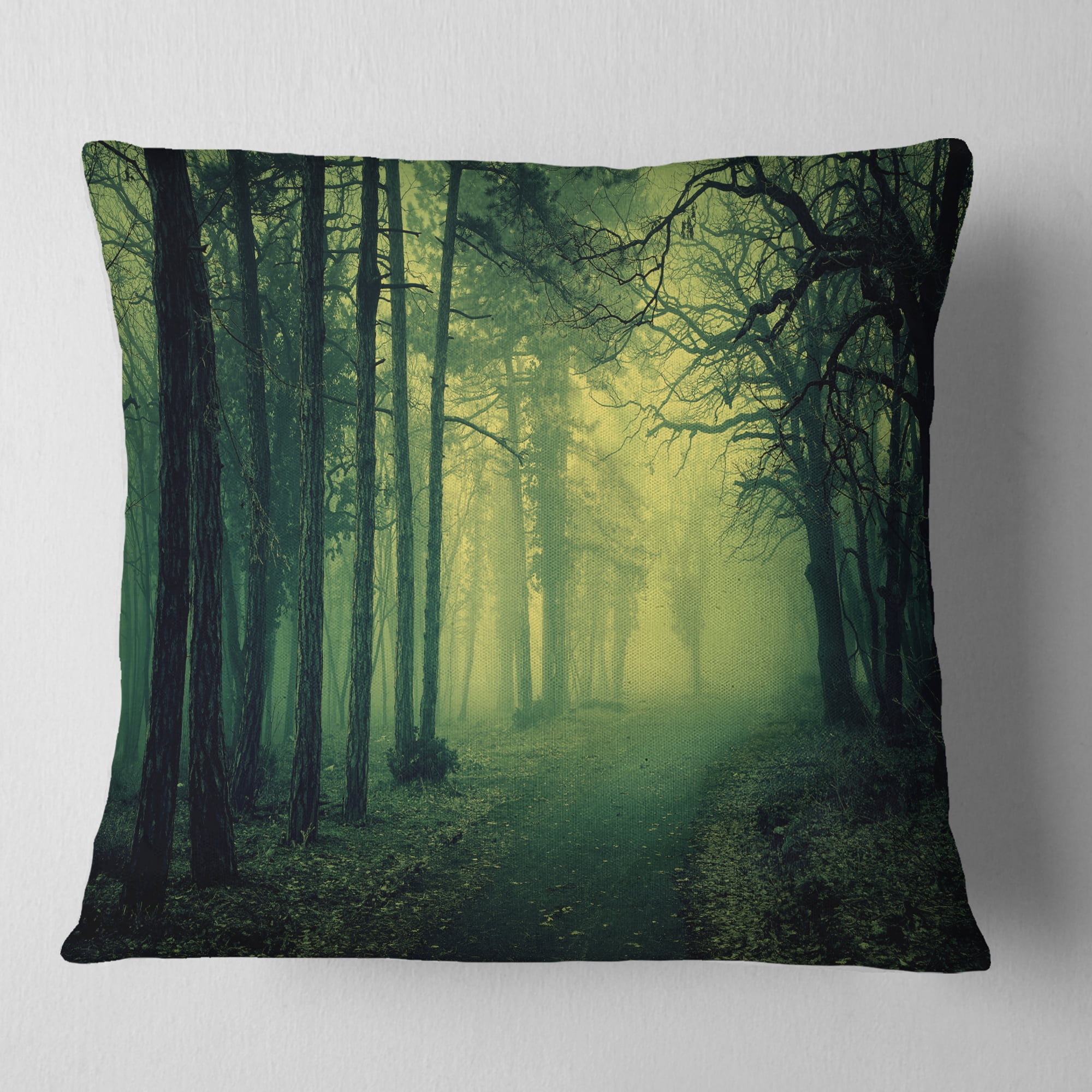 Designart Green Light in Thick Mist Forest - Landscape Photography Throw Pillow - 16x16