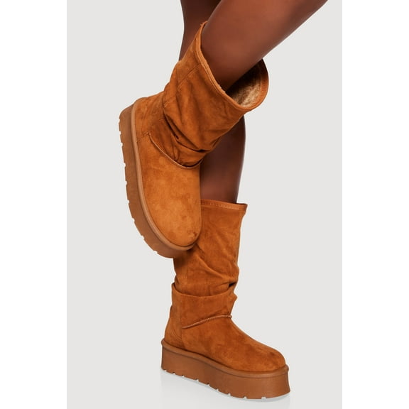 Women's Faux Fur Lined Round Toe Platform Slouch Boots