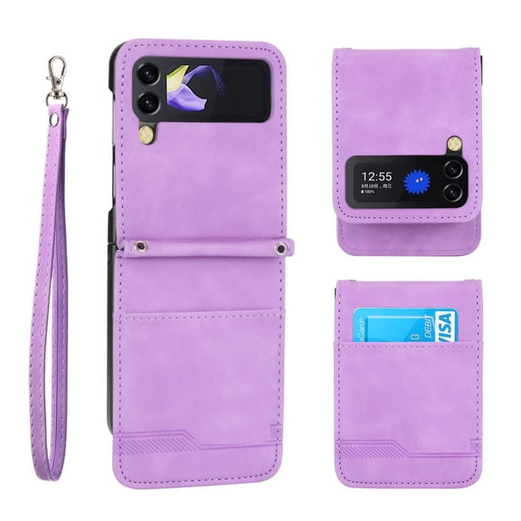 Compatible with Samsung Galaxy Z Flip 5 Wallet Case with Lanyard Strap Leather Shockproof Cover-Purple