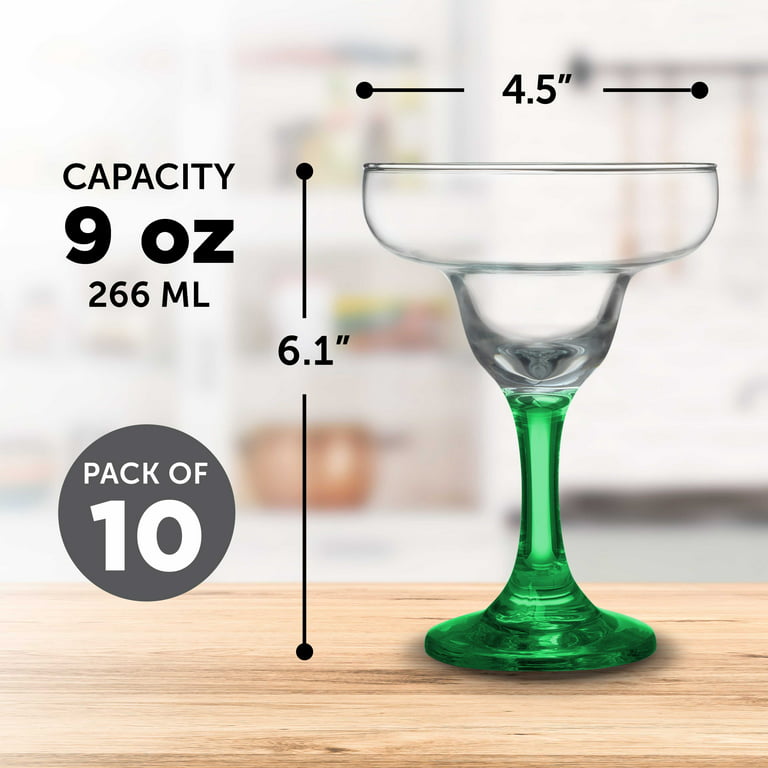 10 Margarita Glasses Set, 9 oz. - Classic, Smooth, Barware, Glassware -  Green 