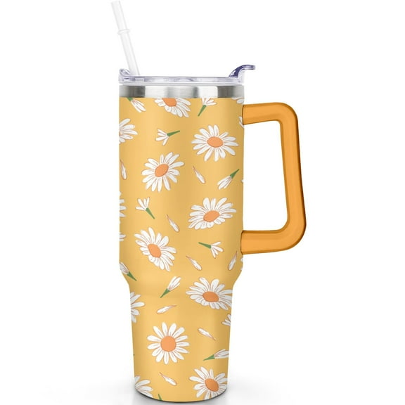 40 oz Daisy Theme Tumbler Handle SpillProof Lid Straw 40oz Daisy Tumbler Double Insulated Stainless Steel Mug Christmas Daisy Gifts Travel Accessories Must Have