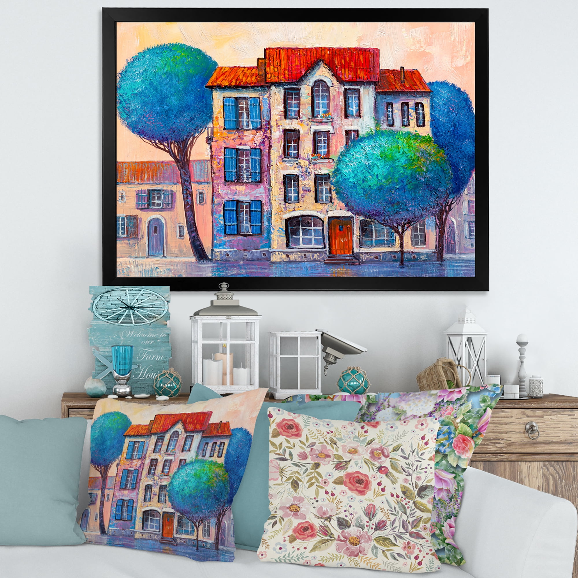 Designart 'Colorful Autumn Trees and A House With Red Roof' Modern Framed Art Print