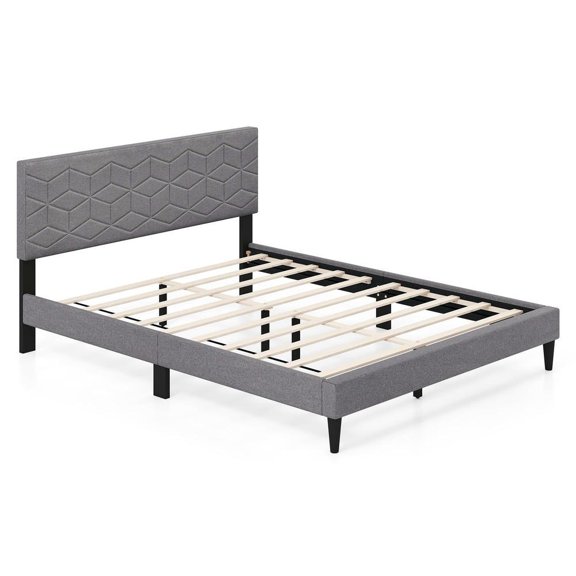 Kadyn Queen Size Sturdy Bed Frame with Linen Fabric Upholstered Headboard, Bedroom Platform Bed Frame, Gray