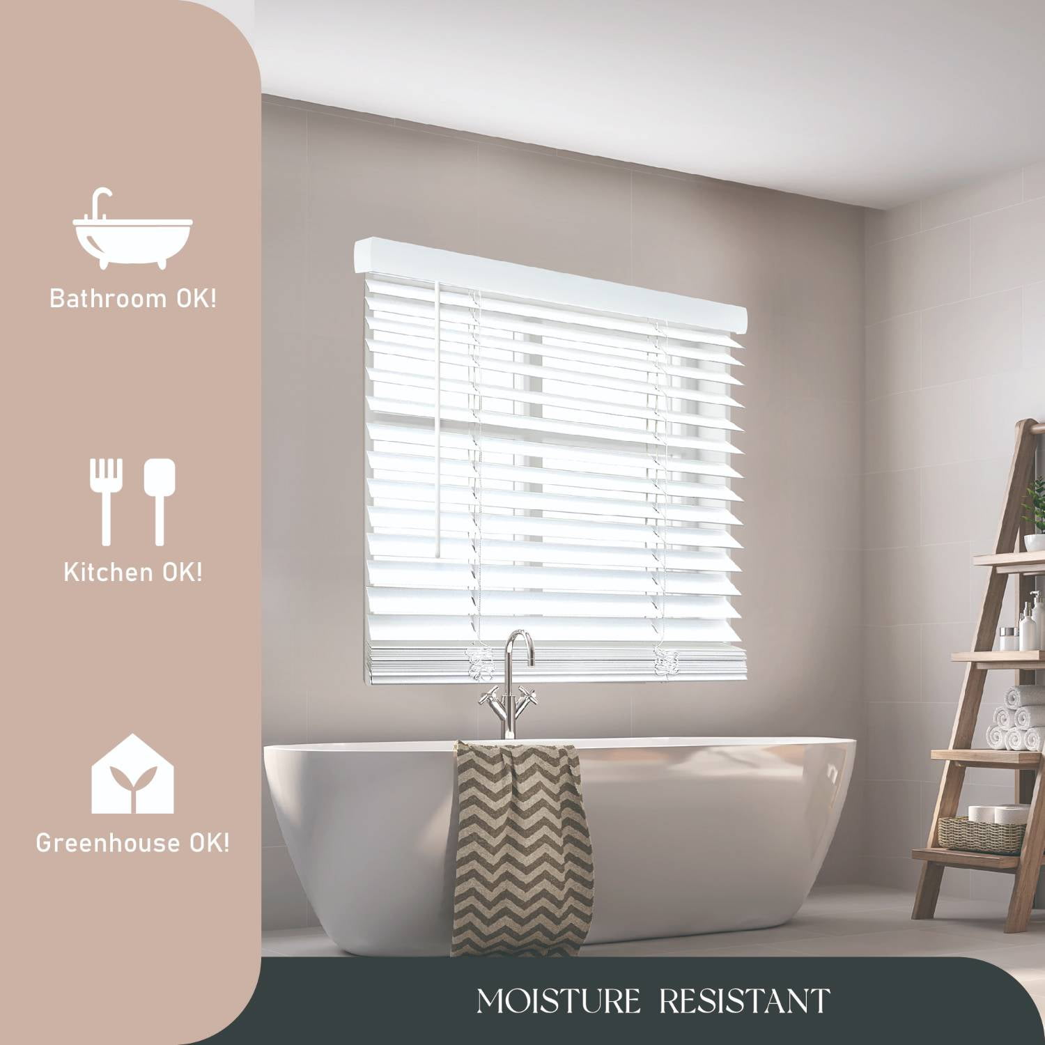 Regal Estate Cordless 2" Smooth Faux Wood Blinds, Room Darkening Privacy Window Blinds, White, 47"W x 48"H