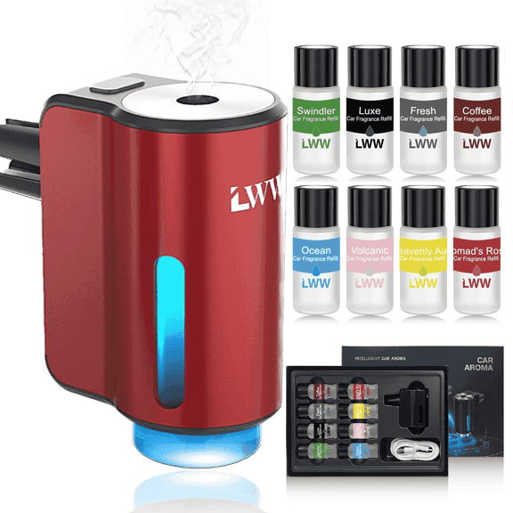 LWW Smart Car Air Freshener Vent Clip, Rechargeable Aroma Diffuser with Auto On/Off, 3 Spray Modes, 8 Fragrance Refills, Red