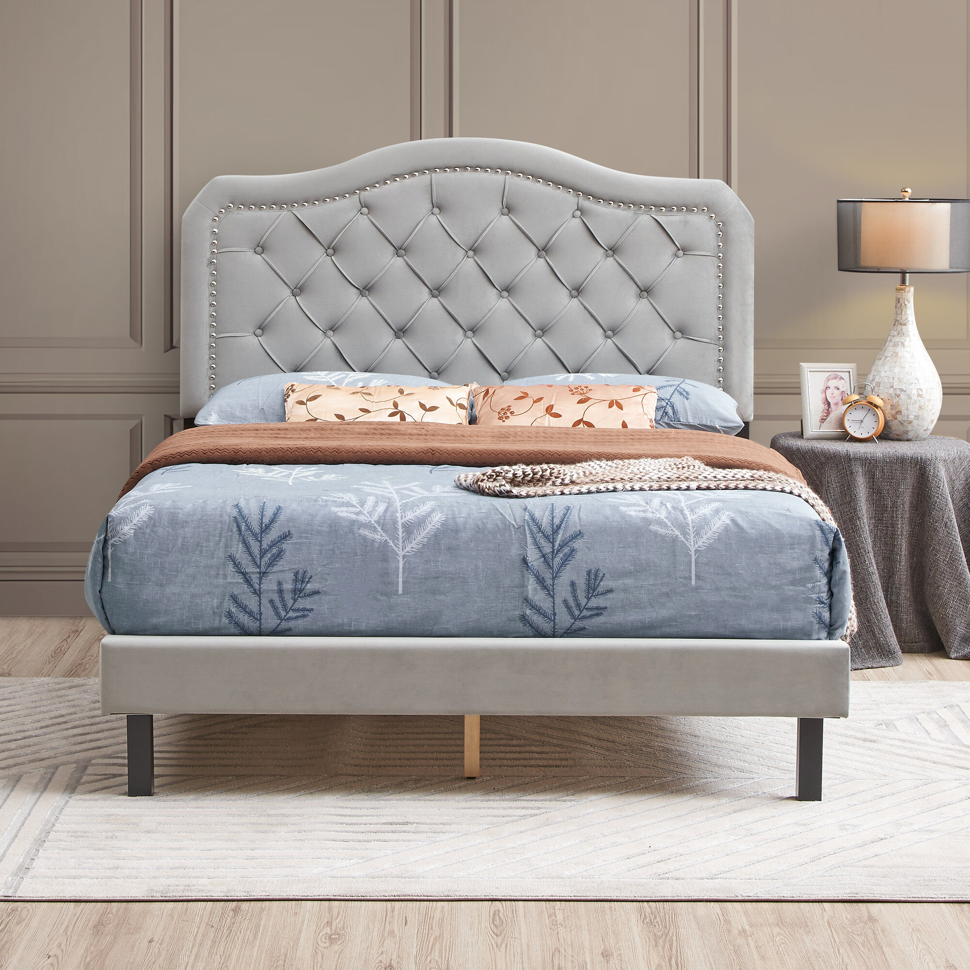 Queen Size Adjustable Bed Base, Upholstered Bed Button Tufted with Curve Design - Strong Wood Slat Support - Easy Assembly - Gray Velvet - platform bed - Queen, Gray Bed Frames,Platform Bed Frames