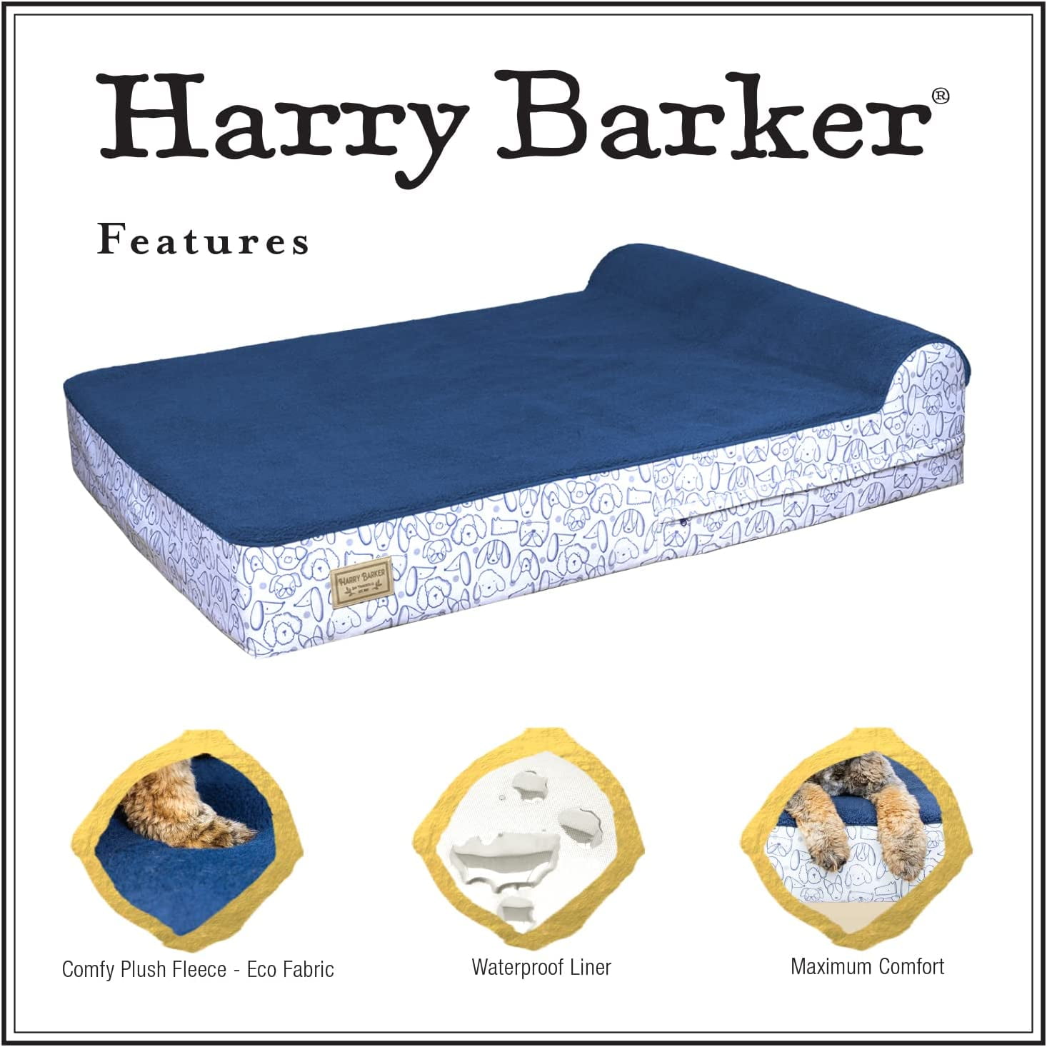 Harry Barker Premium Waterproof Orthopedic Pet Bed, 11 Inches Thick, Blue, Large