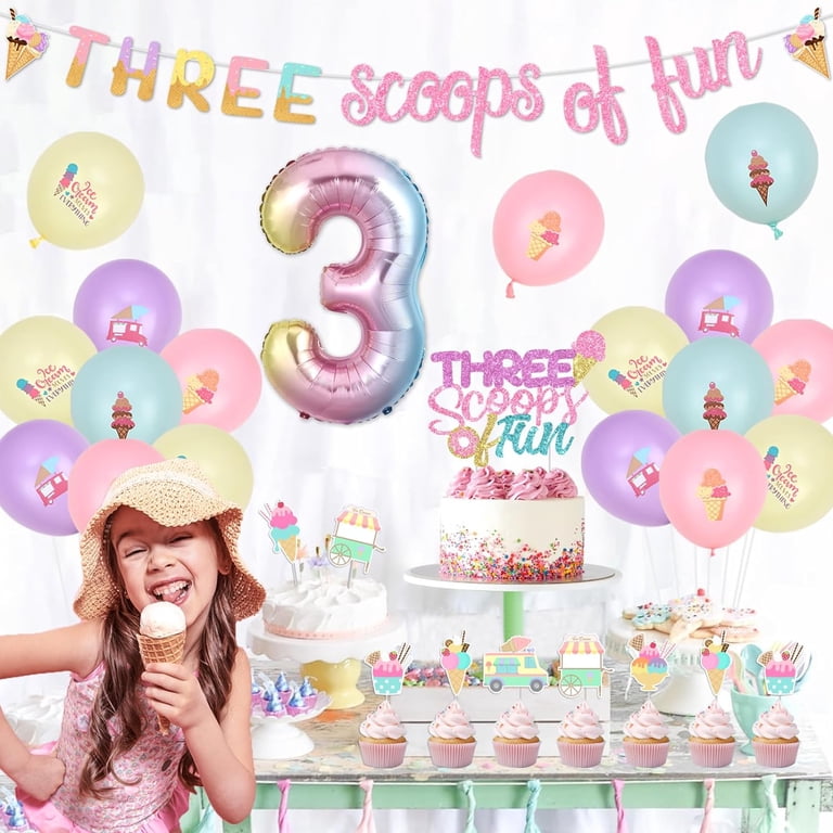 "Three Is So Sweet" Ice Cream Birthday Party Decorations - Banner, Cake Topper, Balloons For 3rd Birthday