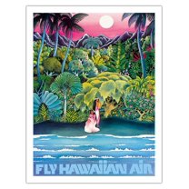 Fly Hawaiian Air - Hawaii Women on the Beach - Hawaiian Airlines - Vintage Airline Travel Poster c.1970s - Fine Art Matte Paper Print (Unframed) 20x26in