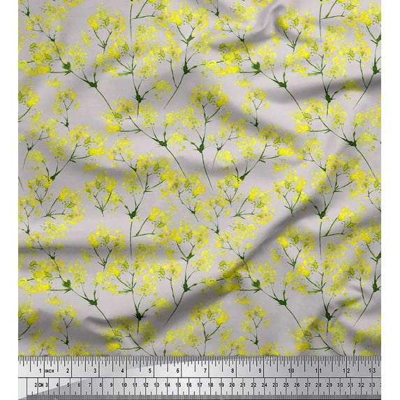 Soimoi Gray Velvet Fabric Yellow Mustard Leaves Printed Fabric 1 Yard 60 Inch Wide