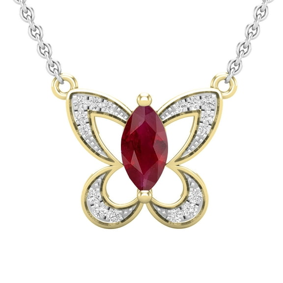 Dazzlingrock Collection 8X4mmMarquise Lab Created Ruby & Round Natural White Diamond Butterfly Pendant with 18 Inch Gold Chain for Women in 10K Yellow Gold