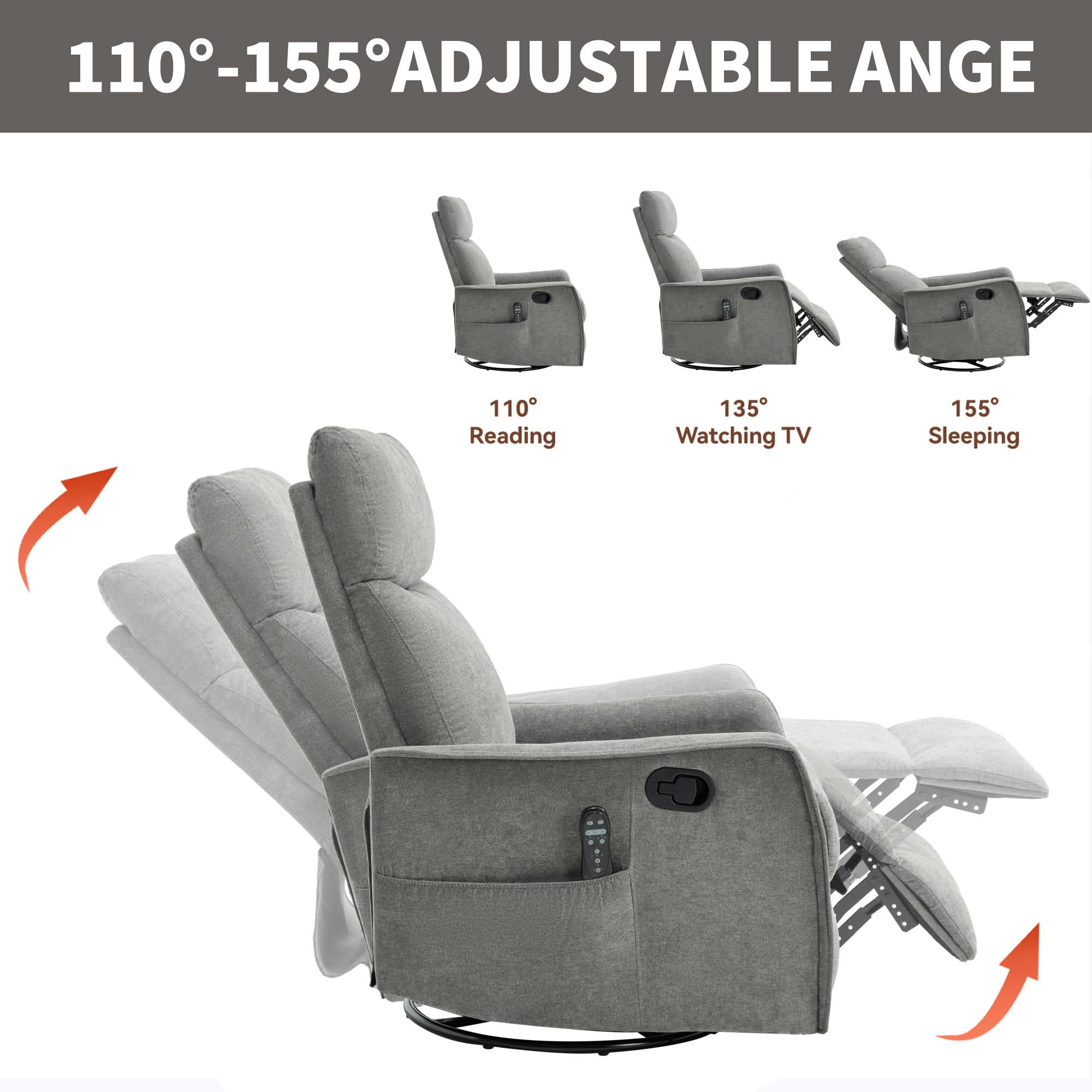 MAYEERTY Beige Faux Leather Heat Massage Recliner Chair, 360° Swivel Rocker 26"x35"x39" for Living Room