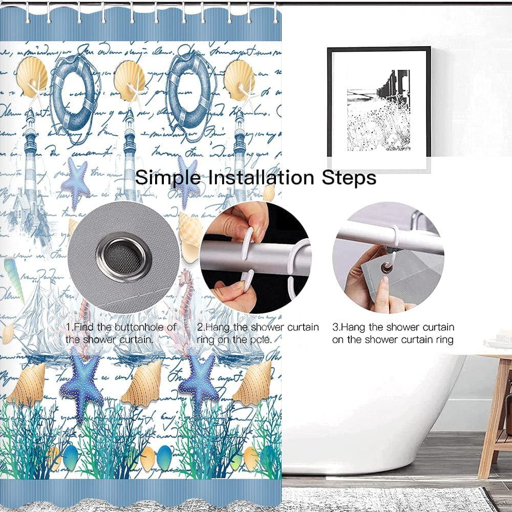 Blue Nautical Shower Curtains,Coastal Lighthouse Shower Curtain Set for Bathroom Waterproof Fabric Stall Bath Curtain with 12 Hooks Rings Extra Long 72x72in