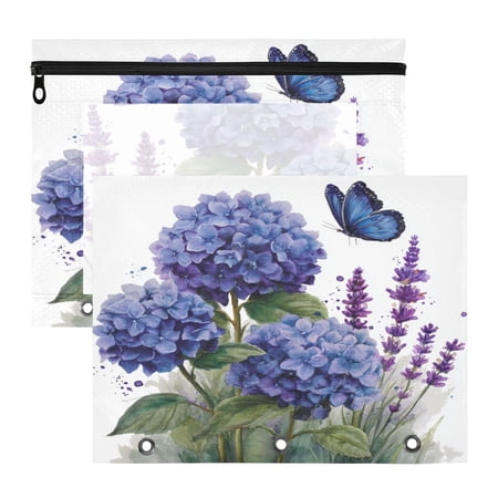 Wobogo Hydrangea Lavender Butterfly Zipper Document Bag Set 2 Pack Waterproof File Folder Pouch for School & Office, 12.2×9.45in