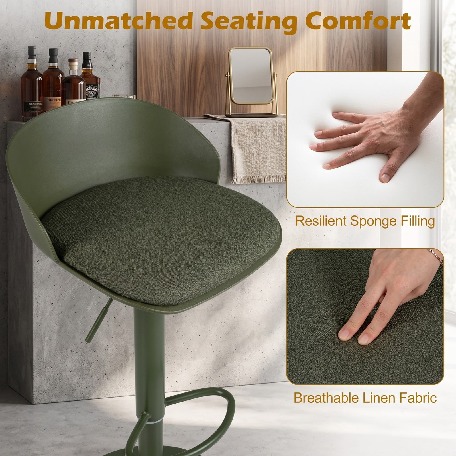 Furnibear Set of 2 Adjustable Swivel Bar Stools with Back and Footrest, 360 Degree Rotating Counter Height Barstools for Kitchen Island Dining Pub, 330, Olive Green