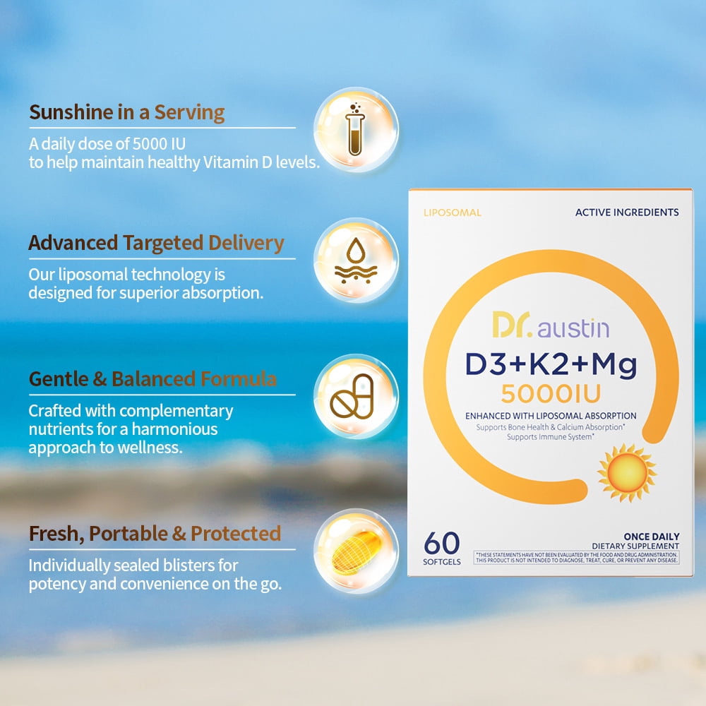 Dr. Austin Liposomal Vitamin D3 5000IU with K2 & Magnesium | Nano Targeted Delivery for High Absorption | Prenatal & Daily Immune Support | 60 Softgels (1)