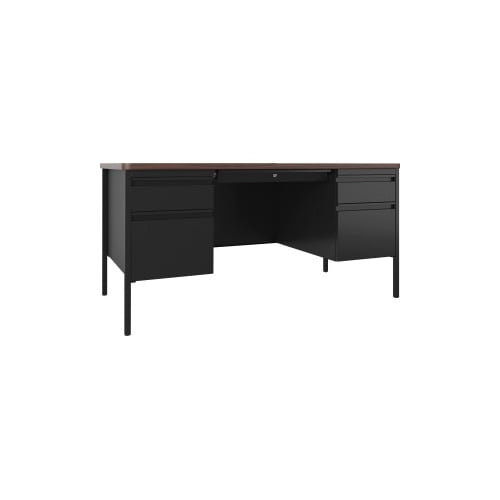 Lorell Fortress Series Walnut Top Teacher's Desk 60" x 30" x 29.5" - Box Drawer(s), File Drawer(s) - Double Pedestal - T-mold Edge - Material: Steel Frame - Finish: Black Frame, Walnut Laminate Surfac