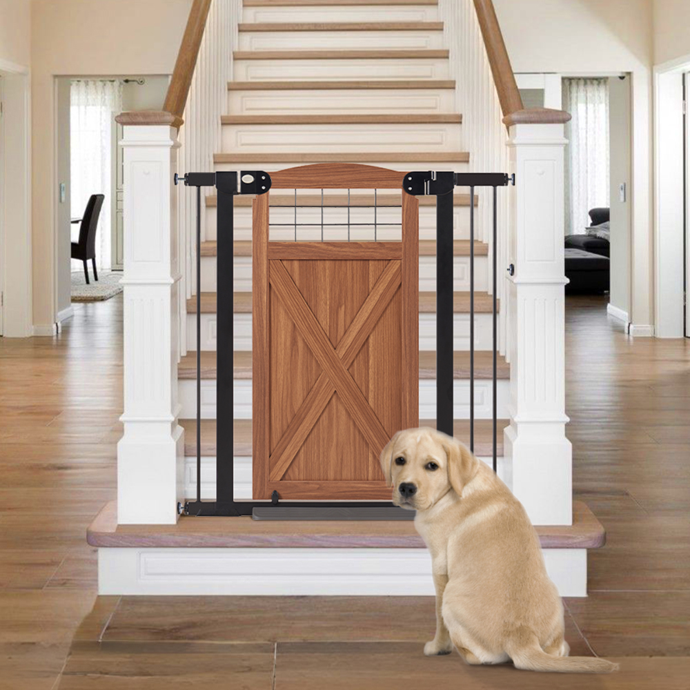 unipaws Barn Door Dog Gate, Anti-Kick Pet Gate with Walk Through Door, Modern Farmhouse Puppy Gate, Walnut