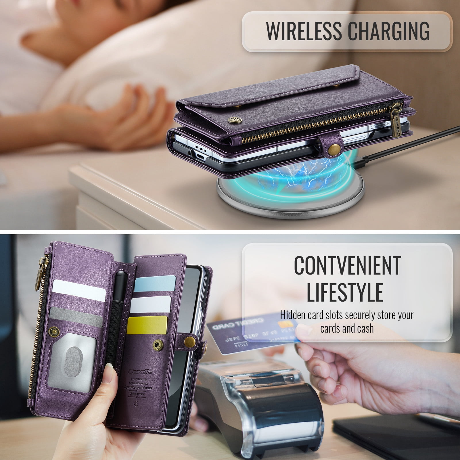 Allytechgroup Crossybody Purse Wallet Case for Samsung Galaxy Z Fold 4, RFID Blocking Zipper Pocket Shoulder Strap Hand Wrist Flip Shockproof Phone Case for Girls Women, Purple