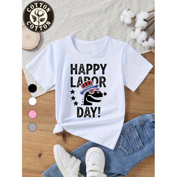 Kids' Labor Dinosaur Patriotic T-Shirt - Cute Cartoon Dinosaur in Uncle Sam Hat & Stars Graphic, "Happy Labor quot; Text, Machine Washable, Casual & Holiday Gift, Spring/Summer Apparel