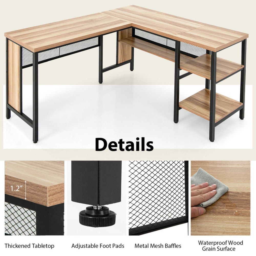 Demi Bonn Industrial L-Shaped Corner Computer Desk Office Workstation with Storage Shelves, Small Home Office Desk Study Writing Table, Beige