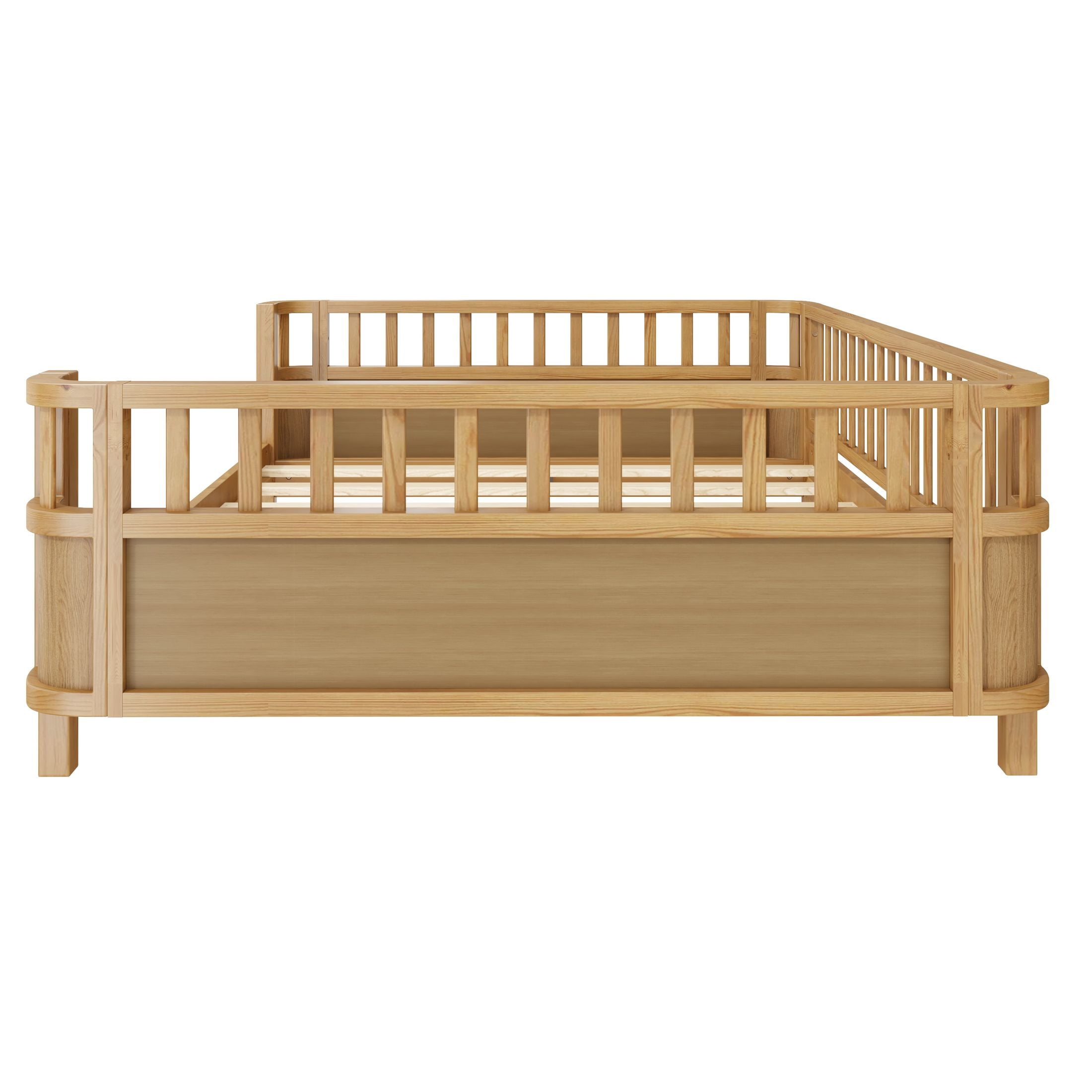 GDF Studio Darpel Full Size Wooden Montessori Bed Frame with Guard Rails, Pine Wood Low-Profile Floor Kids Bed, Natural
