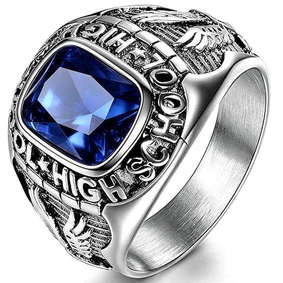 316L Stainless Steel Rings for Men with Birthstone Stones Engraved High School Eagle Size 5-13