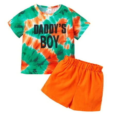 

Infant Baby Boys Clothes Baby Boys Summer Outfits 6-9 Months Boys Short Sleeve Letter Print Tie-dyed Top Shorts 2PCS Set Orange