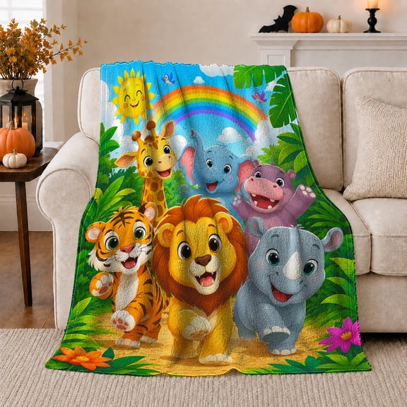 Jungle Animals under Rainbow and Smiling Sun, Cheerful Whimsical Style for Kids, Safari Friends Scene and Birthday Gift, Cozy Flannel Blanket for Playroom and Nursery, Home Decor